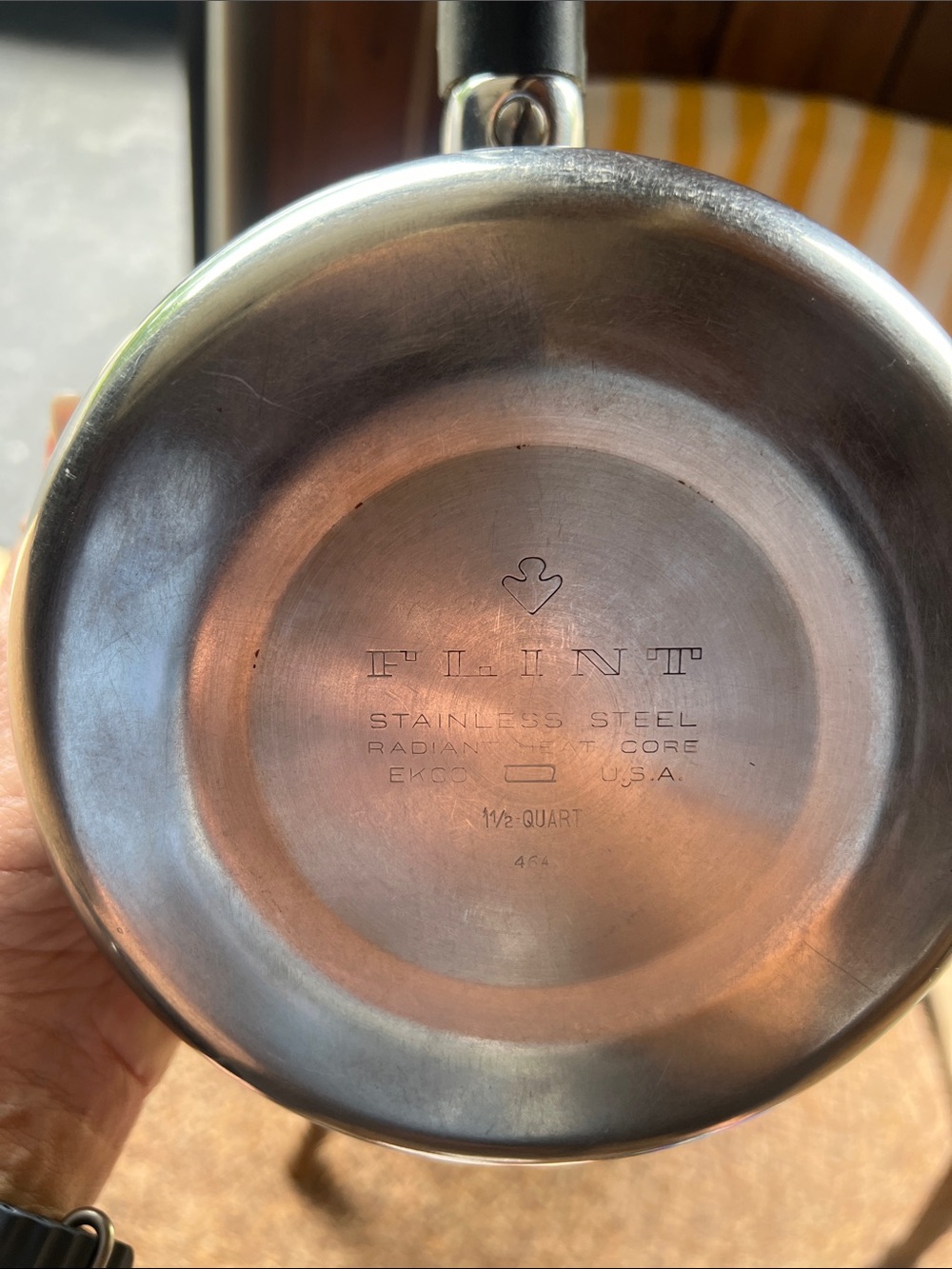 Vintage Stainless Steel Flint Saucepan with Black Handle and Yellow Accent - Picture 2 of 8